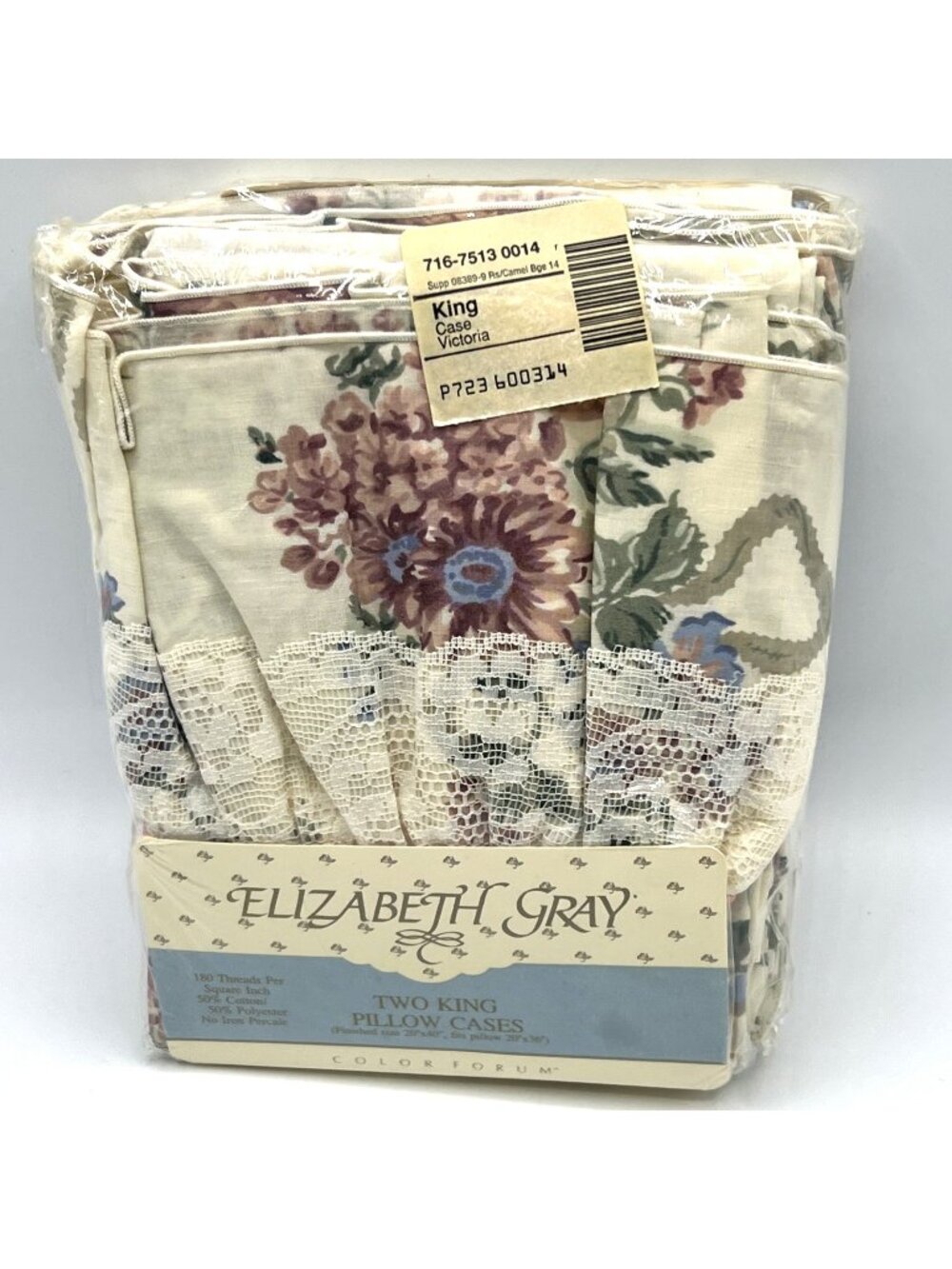 Vintage JCPenney Elizabeth Gray 2 King Pillowcases Victoria Floral Lace USA
